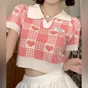 Pink Heart Patterned Polo Crop Top
